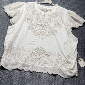 NWT A.N.A. Embroidered Blouse 3X‎ Plus White Boho Floral Short Sleeve Cotton Top